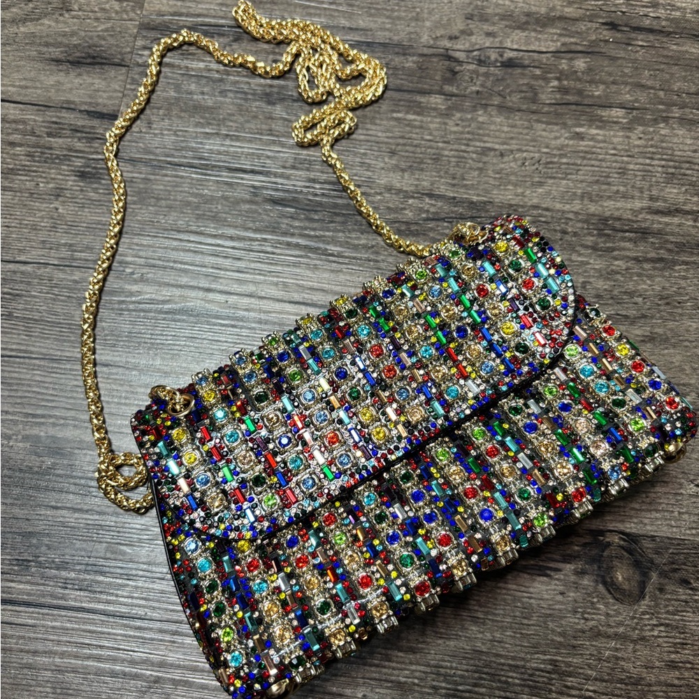 Elegant Multicolor Rhinestone Clutch with Gold Chain - Picture 3 of 10
